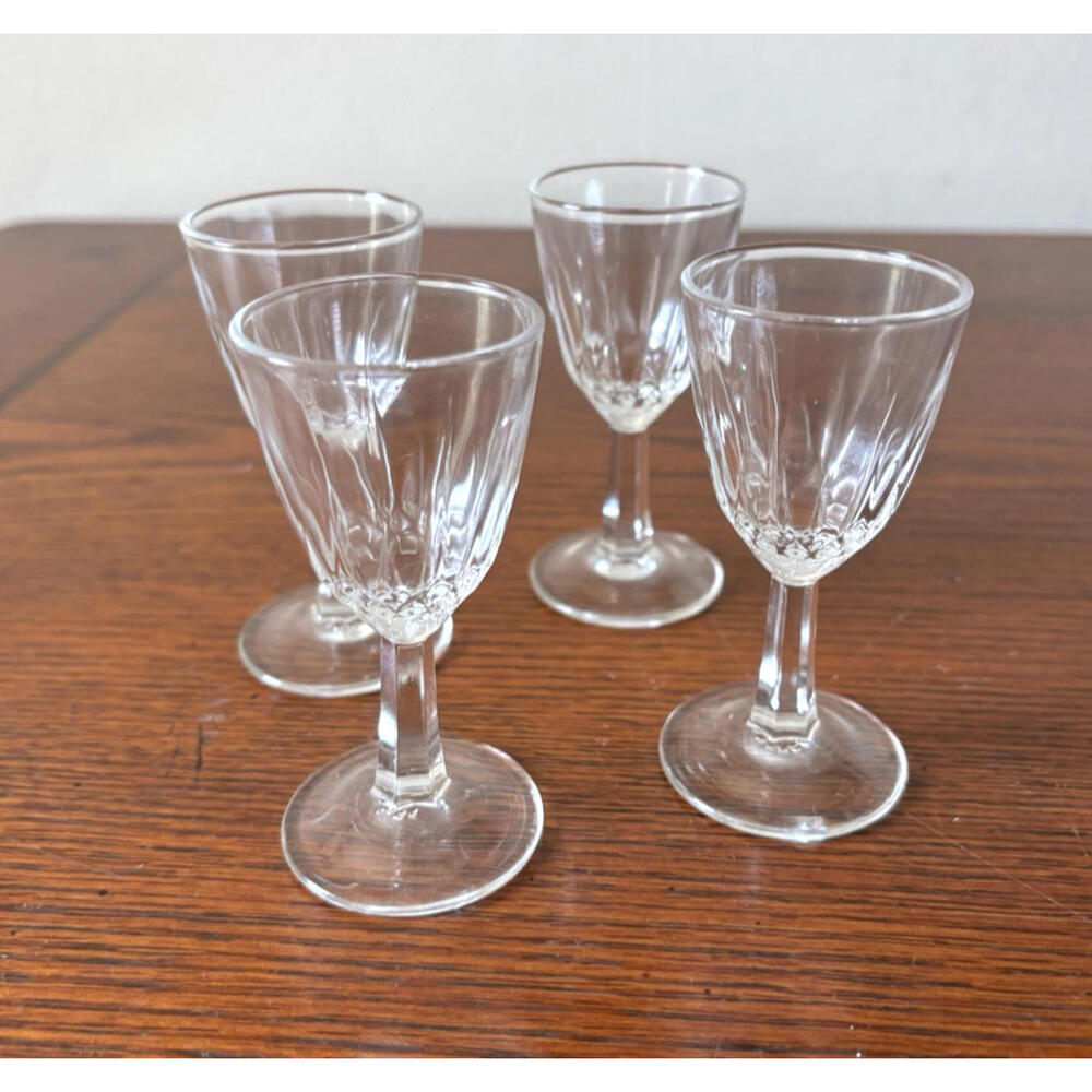 Clear Crystal Glasses Etched Cordial Shot Barware Stemware Set 4 France Vintage